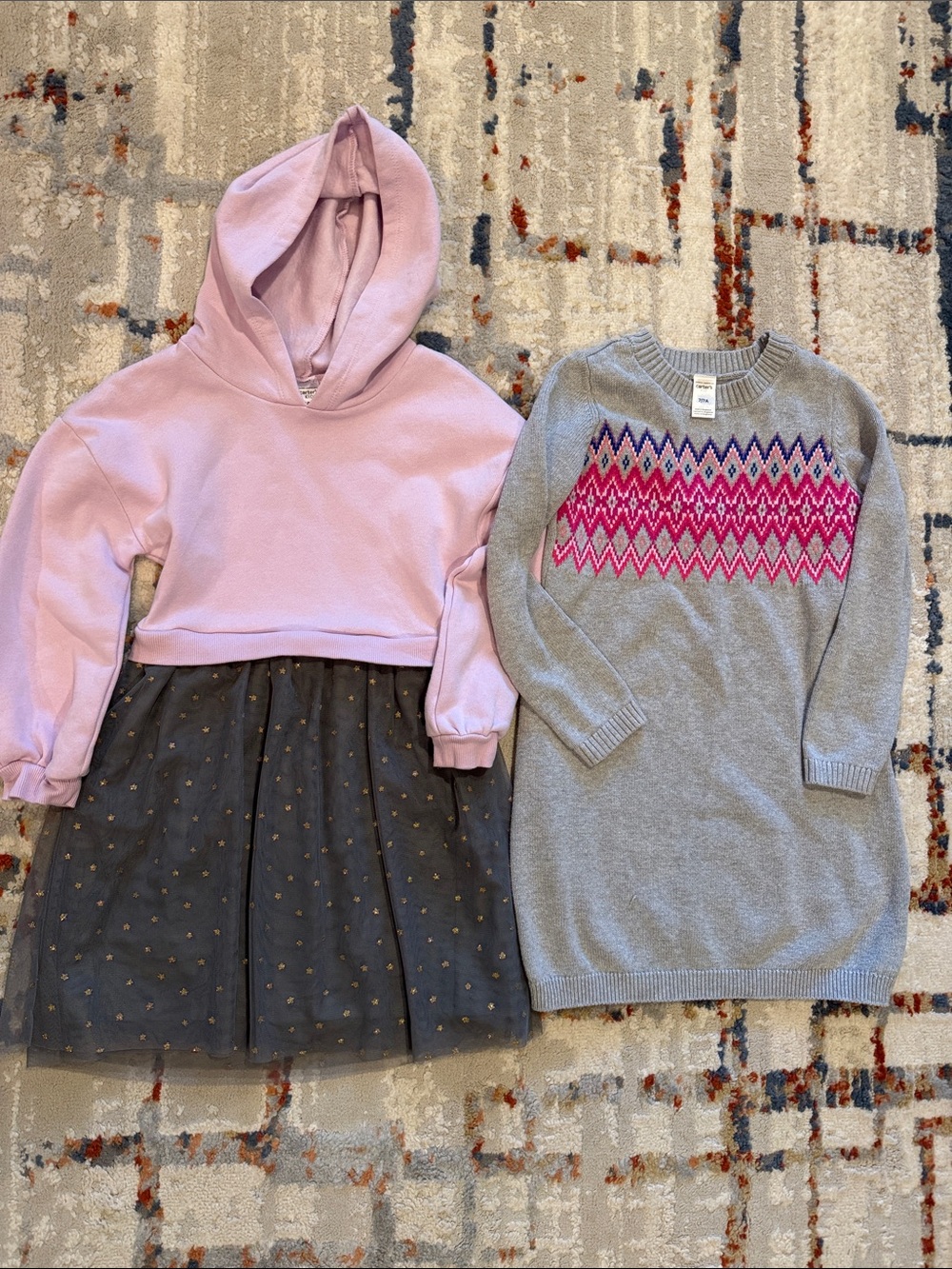 Carter's Lilac Hooded Tulle Dress & Gray Fair Isle Sweater Dress Set